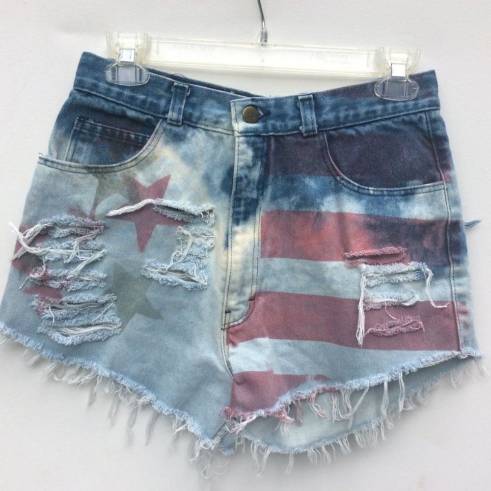 VTG 90s High waist USA flag shorts 4  denim stud